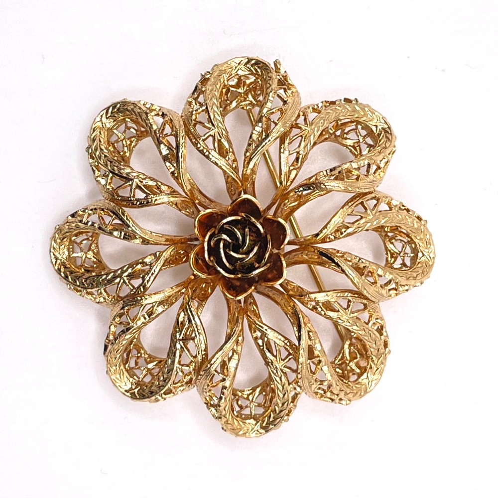 Corocraft Signed Vintage Gold Tone Filigree Rose Pin Brooch